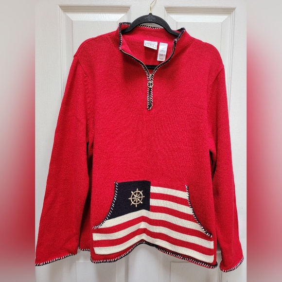 Village Sport Red Nautical America Women's 1/4 Zip Knit Sweater Size 2/Large NWT - Picture 1 of 4